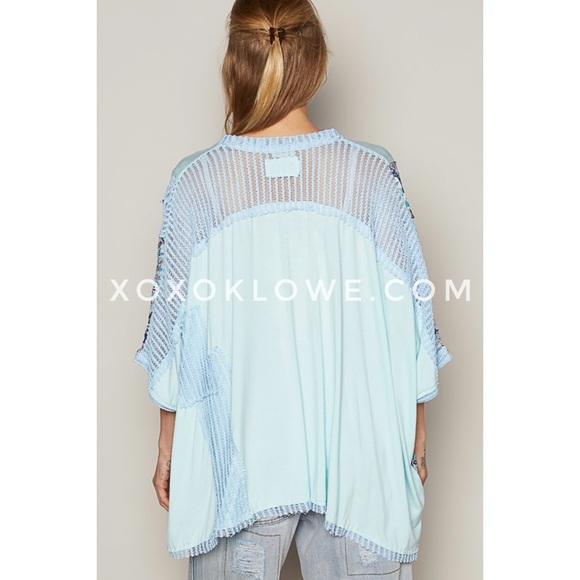 POL Blue Boho Print + Sheer Knit V Neck Rayon Jersey Top - Picture 5 of 9